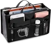 [Claumeng] Purse Organizer Nylon Large Capacity Purse Organizer with Mesh Grid Men Women Outdoor Travel Insert Compartment Tote Bag for Cosmetics Mobile Phones Cards Money Small Items (black)