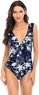 [TEMKIN] Swimming Costume for Women Tummy Control One Piece Swimsuit V Neck Back Cutout Beach Swimwear