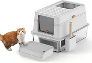 Stainless Steel Cat Litter Box with Lid, XL Large Enclosed/Open Litter Box, Removable Metal Kitty Litter Tray with Lid & Scoop, Odor Free Hooded, Anti-Leakage, Non-Sticky, Easy Cleaning