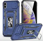 Ylzhe for iPhone Xs Max Apple Case, Military Grade Drop Protection, with Slide Camera Cover 360° Kickstand Ring Holder, Phone Case for Apple iPhone Xs Max Case Navy Blue