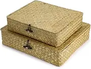 [Hipiwe] Natural Seagrass Storage Bins with Lid, Woven Wicker Basket Boxes Home Organizer Bins Shelf Organizer Box,Set of 2