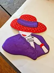 Woman bust red hat Purple Shawl Iron On Patch Applique 4 3/8 " w x 4 3/8" h