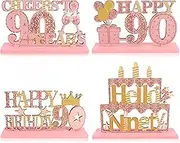 90th Birthday Decorations for Women 4 Pcs Pink Rose Gold 90th Wooden Birthday Table Centerpieces for 90th Party