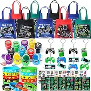 Winrayk Video Game Party Favors Gamer Birthday Supplies for Kids, Non Woven Bag Silicone Bracelet Stamper Glow Sticker Keychain 12 Sets Game on Pinata Filler Goody Bag Stuffer Boys Gaming Party Favors