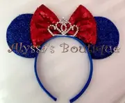 NEW Minnie Mouse Sparkly Blue Tiara Ears Headband Big Red Sequin Bow Snow White