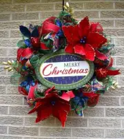 Merry Christmas Mesh Evergreen Door Wreath Large Poinsettia Print Ribbon Decor