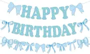 Bow Happy Birthday Banner Garland, Pre-Strung Blue Coquette Bow Birthday Banner for Bow Birthday Party Decorations, Coquette Birthday Decortions, Bow Party Decorations