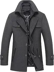 [Gsywaipei] Men's Wool Blend Coat with Zipper Winter Business Trench Overcoat Casual Single Breasted Slim Fit Thick Pea Coats, Grey, XX-Large