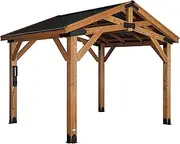 Backyard Discovery Norwood 3.7 m x 3.0 m Cedar Wood Outdoor Patio Gazebo with Hardtop Galvanised Steel Peak Roof and PowerPort