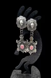 Tim Yazzie Navajo Sterling Silver Pink Conch Shell Turtle Dangle Earrings