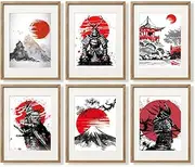 [YUMKNOW] Japanese Art Wall Decor - Unframed 8x10 Set of 6, Modern Minimalist Asian Oriental Decor for Living Room, Samurai Armor Warriors Prints Posters for Bedroom, Japan Red White Art Office Gifts