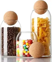 WEEMAGIC Storage Glass Jar with Ball Cork Lid, 3Pcs Glass Canisters with Cork Ball, Cute Decorative Round Glass Jars with Wood Ball Lid 500 ML, 800ML, 1200ML