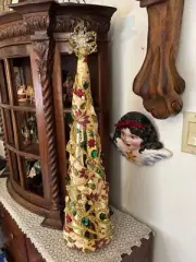 Table top Shelf Christmas Tree w Vintage Rhinestones crystals jewelry 25"