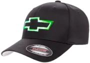 Classic Chevy Bowtie - Neon Green - Flexfit L/XL Embroidered Black Cap