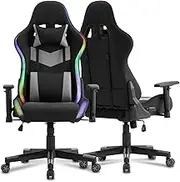 Computer Gaming Chair with LED Lights, RGB Video Gaming Chair with Comfortable Leather and High Back, Gaming Chair with Adjustable Lumbar Support for Adults and Teens（Grey）