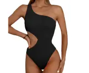 Women's Black Cutout One Piece Swimsuit One Shoulder Swimwear Ribbed Monokini Bathing Suits