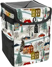 Car Trash Can with Lid and Storage Pockets Leak-Proof Organizer,Waterproof Garbage Can,Bright Houses Tree