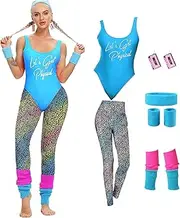 [MIAIULIA] Women's Retro 80s Workout Costume Set: Neon Leotard, Leggings, Headband, Wristbands, Leg Warmers & Cassette Earrings - One Size, Multicolour, Animal Print