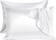 【2 Pack】 Mulberry Satin Silk Pillowcase, H HOME-MART 20"x 30" Satin Silk Pillowcases for Hair and Skin, Queen Size Pillow Case with Envelope Closure (White)
