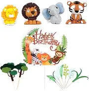 Leuik Jungle Safari Animal Cake Toppers, 14Pcs Happy Birthday Animal Cake Decoration Giraffe Tiger Lion Elephant Cake Topper for Jungle Animals Theme Party Baby Showers Kid Birthday Party Supplies