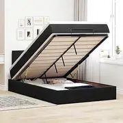 Ottoman Bed, King Single Size with Velvet, Black - Platform Frame, Modern Storage, Mattress, Headboard and Slat Base for Bedroom Furniture & Accessories