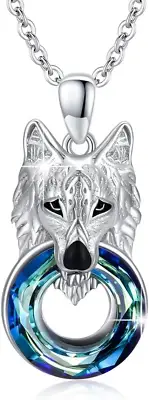 Wolf Head Crystal Pendant Necklace 925 Sterling Silver Jewelry Gifts Women Men