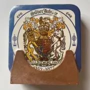 Silver Jubilee Coasters 1952-1977, Set 6 Cork Coasters + Holder, Vintage, Sealed