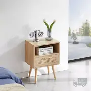 16" Modern Rattan Nightstand, End Table with Drawer and Solid Wood Legs, Natural