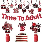 WATINC 42pcs 18th Red Black Birthday Banner Party Decoration for Boys and Girls, Time to Adult Hanging Garland Swirls Birthday Decorations for 18 Years Old Bday Party Favor, Cake Topper Centerpieces