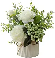 Artificial Flowers with Small Ceramic Vase Eucalyptus Leaves Berry Rose De Coration Bouquet Room, Living Room, Bedroom Decoration