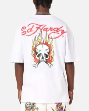 [ED HARDY] Ed Hardy Flaming Skull T-shirt White - Size 3XL 3XL White