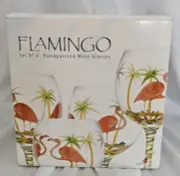 Set of 4 Hand Painted Flamingos & Palm Trees Balloon Wine Glasses 16 oz