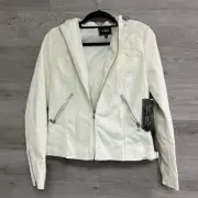 YMI Faux Leather Jacket Womens Medium Removable Hood Grey White New With Tags
