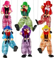 6 Pack Wooden Marionette Puppets Pull String Puppets, Include 4 Clown Marionette