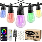 Roccar Festoon Lights Outdoor,15m String Lights with Remote & APP, S14 Dimmable LED RGB Patio Lights with 20 Shatterproof Bulbs,Color Changing Waterproof Outdoor Fairy Lights for Daily,Garden,Party