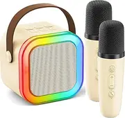 Mini Karaoke Machine for Kids Adults, Portable Bluetooth Karaoke with 2 Wireless Microphones, Home Party Karaoke Speaker Support SD Card/USB, Birthday Gifts for Girls Boys Friends Age 3-12+ (Beige)