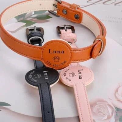 Personalized Leather Pet Collar with AirTag Holder, Adjustable Tracker, Engraved