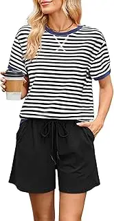 [FIOPHY] Women's Cozy 2 Piece Outfits Lounge Sets Striped Color Block Short Sleeve Tops Shorts Sweats Track Suits Sweatsuit Set