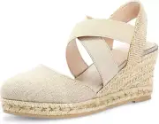 Women'S Closed Toe Crisscross Elastic Ankle Strap Platform Espadrille Wedge Sand