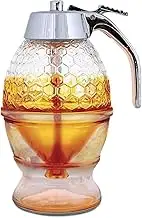 BYVCUI 8oz No Drip Glass Honey Dispenser with Stand - Honeycomb-Style Syrup Server and Bee-Themed Storage Jar - Clear Container for Honey, Honey Pot Maple Syrup Honey Jar Syrup Container