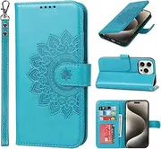 for iPhone 15 Pro Case Wallet with Cards Holder,Coque for iPhone 15Pro Flower Strap Case,Leather Case Women Flip Cover Bag portefeuille Pour Femmes for iPhone15 Pro Blue