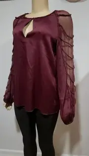 Elie Tahari Women's Blouse Tunic Top Burgundy Size L Chiffon Sleeves $398.00 #03