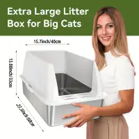 在飛比找蝦皮購物優惠-不銹鋼貓砂盒超大空間增高寵物貓砂盒防濺不銹鋼+abs貓廁所