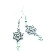 Brighton Arctica Snowflake Crystals Dangle Pearl Beads Holiday Silver Earrings