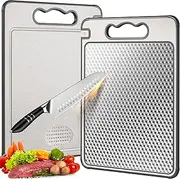 Double Sided 304 Stainless Steel & Wheat Straw Cutting Board, 14.4"*9.8" Non Toxic Lightweight Chopping Board, Separately Handle Meat and Vegetables, Dishwasher Safe, Scratch Resistant Mesh Design