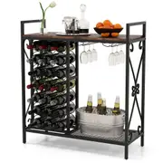 Giantex 21-Bottle Wine Rack Floor Bottle Organizer w/Wooden Countertop Metal Frame Liquor Stand