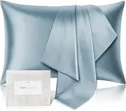 100% Pure Mulberry Silk Pillowcase for Hair and Skin, Allergy Resistant, Double Sided 600 Thread Count, Silk Duvet Cover with Hidden Zipper, Standard Size, Grey Blue, 1 Piece
