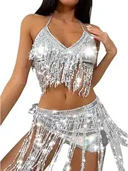 [Generic] Women 3 Piece Bikini Set with Tie Side Tassel Skirt Sparkly Sequins Holographic Sexy Backless Rave Festival Outfit