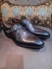 Handmade Men's Brown Cowhide Leather Narrow Toe Double Monk Dress Formal Shoes