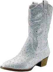 [Forever] Girls/Kids Rhinestone Western Cowgirl Cowboy Pointed Toe Low Heel Boots